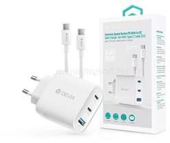 DEVIA EXTREME hálózati töltő USB+2 Type-C aljzat 65W, PD gyorstöltő + Type-C kábel, FEHÉR (ST111967) (ST111967)