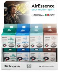 Phonocar 04985 Prémium illatosító készlet kínáló csomag 4 illattal, 8 készlet + 16 utántöltő, kompakt asztali display