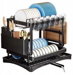  Kétszintes Edényszárító Álló Csepegtető 42X39X29 Lefolyóval Fekete (241214FC02)