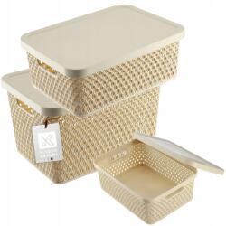 Kadax Kosár Fedéllel Tároló Doboz Műanyag Kosár Szett 3 db Bézs (K9643)