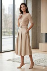 Pantaloni Chic Fustă midi crem din piele ecologică - mărime mare, talie elastică și curea inclusă one size
