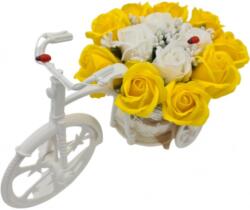  Aranjament floral trandafiri "Bicicleta cu flori zambarete", flori de sapun, galben cu alb, Dalimag, 30x17x15 cm
