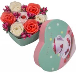  Aranjament floral 7 trandafirii cutie inima , flori de sapun, rosu, alb, roz, 11x9x6 cm