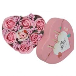  Aranjament floral 7 trandafirii cutie inima , flori de sapun, roz, alb, 11x9x6 cm