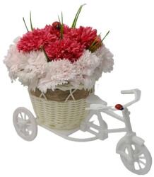  Aranjament floral trandafiri "Bicicleta cu flori zambarete", flori de sapun, Garoafe, 30x17x15 cm