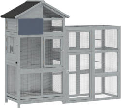 PawHut Volieră din lemn cu 6 bățuri de odihnă compartiment sertar extractabil boluri din oțel inoxidabil 196x60x164, 5cm Gri | Aosom Romania (D10-109V00GY)