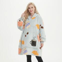  Oversize takaró pulóver kék kávé mintával és meleg sherpa béléssel - meleg kapucnis takaró pulóver, puha flanel hálóruha, óriási kényelmes otthoni köntös, téli vastag szabadidőruha, univerzális méret,