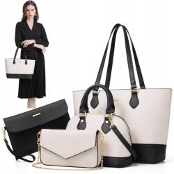  4IN1 Női Kézitáska Szett Postás Táska Nagy Válltáska Fehér Fekete (240520XF06-2)