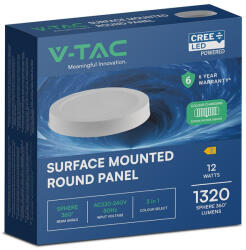 V-TAC CREE SMD felületre szerelhető, műanyag IP20, kerek LED panel 12W, CCT - SKU 78736 (78736)