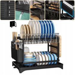  Edényszárító Csepegtető Evőeszköztartó Nagy Kétszintes Álló Fekete (241214FC02)