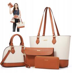 Női Kézitáska Szett 4IN1 Barna-fehér Klasszikus Stílus Pu Elegáns (NeonNinjaX8673)