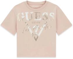 GUESS Розова къса тениска за момиче с лъскав голям надпис и лого Guess