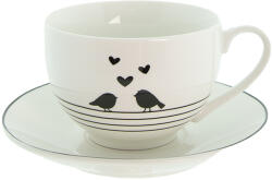 Clayre & Eef Set ceasca cu farfurioara portelan alb negru Pasari 12x9x7 cm, 14x2 cm, 220 ml (LBSKSX)