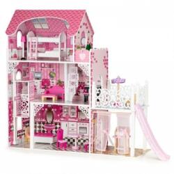 ECOTOYS Casuta de Papusi Ecotoys, XXL, lemn, mobilier, lift, topogan, roz Casuta papusi