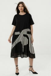 SHOPIKA Rochie midi dama din bumbac cu croi amplu si design asimetric, combinatie alb-negru cu insertii grafice si imprimeu in dungi Talie unica