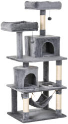  PawHut Nagy Macska Kaparófa 145 cm, függőággyal, mászófa, szizál oszlopokkal, világosszürke