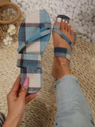 Shein Kék, Rácsos Mintás, Lapos Papucs, Shein 40 (sx2304253553375993)