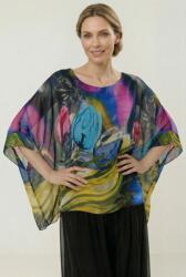 SHOPIKA Bluza vaporoasa tip poncho din matase, croi oversized cu print lalele stilizate fond bleumarin Talie unica