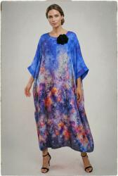 SHOPIKA Rochie lunga dama vaporoasa oversized, croi amplu tip kaftan cu imprimeu artistic multicolor albastru Talie unica