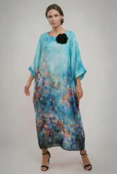 SHOPIKA Rochie lunga dama vaporoasa oversized, croi amplu tip kaftan cu imprimeu artistic multicolor turcoaz Talie unica