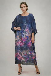 SHOPIKA Rochie lunga dama vaporoasa oversized, croi amplu tip kaftan cu imprimeu artistic multicolor bleumarin Talie unica