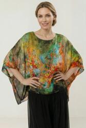 SHOPIKA Bluza vaporoasa tip poncho din matase, croi oversized cu print pictural multicolor verde olive Talie unica