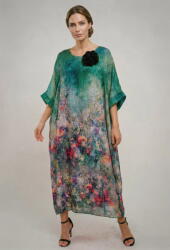 SHOPIKA Rochie lunga dama vaporoasa oversized, croi amplu tip kaftan cu imprimeu artistic multicolor verde Talie unica