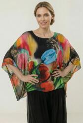 SHOPIKA Bluza vaporoasa tip poncho din matase, croi oversized cu print lalele stilizate fond negru Talie unica
