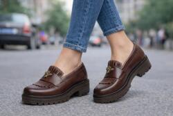 Ciucaleti j Pantofi dama maro cognac piele naturala cu talpa groasa si accesoriu albina, marimea 38