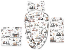 MimiNu Set 4 in 1 Cosulet bebelus, MimiNu, Baby Cocoon 75x55 cm, Husa bumbac, Cu paturica 50x70 cm, Cu salteluta, Cu perna fluture, Cars Grey (6426972031196)