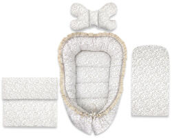 MimiNu Set 4 in 1 Cosulet bebelus, MimiNu, Premium, Baby Cocoon 75x55 cm, Cu volanase si dantela, Cu paturica, Salteluta si perna fluture, Meadow (6426972031325)