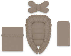 MimiNu Set 4 in 1 Cosulet bebelus, MimiNu, Baby Cocoon 75x55 cm, Cu volanase, Husa bumbac, Cu paturica cu volanase 50x70 cm, Cu salteluta, Cu perna fluture, Colectia Royal, Mocha (6426972031110)