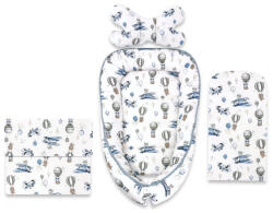 MimiNu Set 4 in 1 Cosulet bebelus, MimiNu, Baby Cocoon 75x55 cm, Husa bumbac, Cu paturica 50x70 cm, Cu salteluta, Cu perna fluture, Blue Plane (6426972031165)