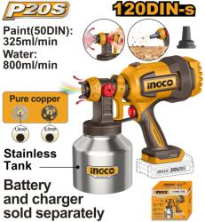INGCO Pistol Vopsit Electric 20V 800ml/min Vascozitate 120DIN-s Rezervor Inox 800ml CSGLI20041 - pistol pulverizare reglabil pentru vopsea si lac (CSGLI20041)