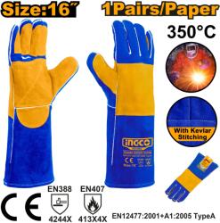 INGCO Manusi Sudura 16 HGVW04 - Piele Naturala AB, Cusaturi Kevlar, Rezistenta 350°C, Protectie Termica Profesionala (HGVW04)