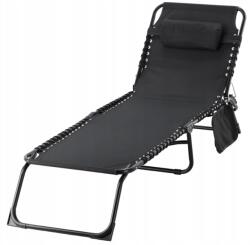  Sezlong pliabil 190x58x30 cm, cu spatar reglabil, perna si buzunar lateral, cadru metalic, negru (LEZ-2777)