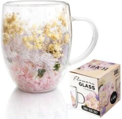  Cana 300 ml din sticla borosilicata, pereti dubli, model flori roz-galbene, in cutie cadou, JollyMag, SZK207 (ESELL-W-jolly_SZK207)