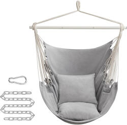 SONGMICS Fotoliu suspendat tip hamac cu 2 perne, lant si carabiniera incluse, 150x128 cm, gri (EZ-GDC197G01)