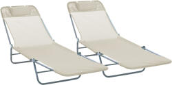 Outsunny Set de 2 Sezlonguri pentru Plaja Pliabile cu Spatar Rabatabil pe 4 Niveluri, Sezlong de Gradina din Otel si Tesatura Plasa, Bej