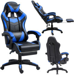 LEAN Forgós Irodai Gamer Szék Lábtartóval és Párnával, Fekete és Kék (5905991095408)