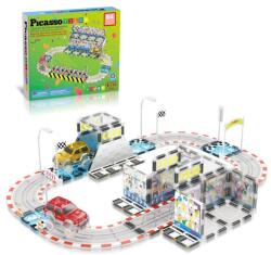 PicassoTiles Set PicassoTiles Autodrom Pistă de curse - 64 piese magnetice de construcție - conține 2 mașini cu LED-uri Jucarii de constructii magnetice