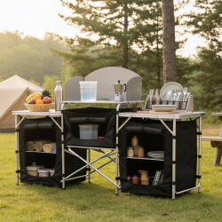 Brius Bucatarie de camping pliabila cu 3 blaturi, cadru aluminiu, portabila pentru exterior, 175x40x111 cm (OXE-8418)
