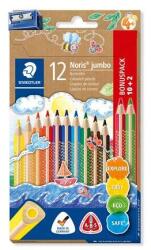 STAEDTLER Creioane colorate, set, triunghiulare, groase, cu ascuțitoare, STAEDTLER "Noris® Jumbo 128", 10+2 culori diferite, 12 buc