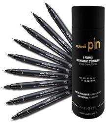 uni Markere, set, UNI PIN "Tub", 9 grosimi diferite de linie, negre, 9 buc
