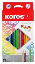 Kores Creioane colorate, set, triunghiulare, KORES "Kolores Style", 15 culori diferite, 15 buc