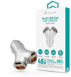 DEVIA Smart Series 48W PD+QC autós gyorstöltő 2xUSB+2xType-C - ezüst - coolmobile