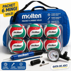 Molten Pachet volei 6 mingi Molten V5M5000 FLISTATEC + geanta 6 mingi + pompa DHP21 + manometru (6XV5M5000-DHP-PGA-EK)