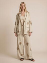 Shopika Compleu din in mercerizat bej cu broderie, sacou si pantaloni lejeri, stil elegant natural Talie unica