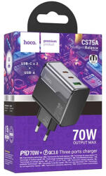 hoco. Incarcator Retea HOCO CS75A, 70W, 3 Porturi (2x USB-C PD, 1x USB-A QC 3.0), FastCharge StarSpeed, Negru (653862-42)