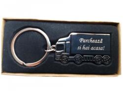  Breloc personalizat metalic in forma de TIR. camion gravat Parcheaza si hai acasa